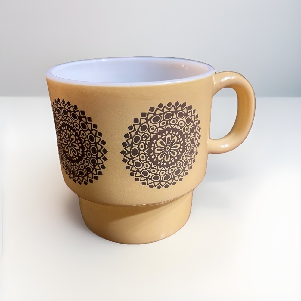 Vintage Yellow Milk Glass Stacking Mug Brown Mandala Geometric 1970s Retro MCM